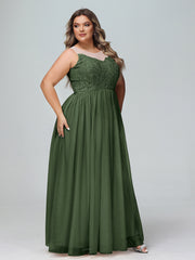 Robe Longue en Dentelle Et Tulle à Décolleté Illusion Olive Verte Grande Taille