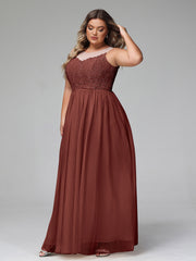 Robe Longue en Dentelle Et Tulle à Décolleté Illusion terracotta Grande Taille