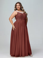 Robe Longue en Dentelle Et Tulle à Décolleté Illusion terracotta Grande Taille
