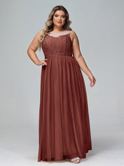 Robe Longue en Dentelle Et Tulle à Décolleté Illusion terracotta Grande Taille