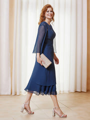 Robe en Mousseline Longueur de Mollet avec Veste Bleu Marine Grande Taille