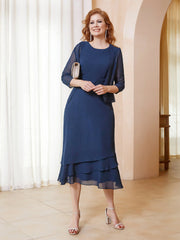 Robe en Mousseline Longueur de Mollet avec Veste Bleu Marine