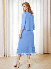 Robe en Mousseline Longueur de Mollet avec Veste Bleu Grande Taille