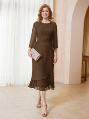 Robe en Mousseline Longueur de Mollet avec Veste Brun Grande Taille