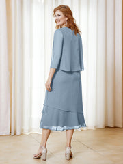 Robe en Mousseline Longueur de Mollet avec Veste Bleu Poudré