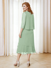 Robe en Mousseline Longueur de Mollet avec Veste Sauge Poudrée