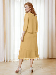 Robe en Mousseline Longueur de Mollet avec Veste Or Grande Taille