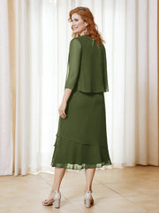 Robe en Mousseline Longueur de Mollet avec Veste Olive Verte