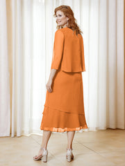Robe en Mousseline Longueur de Mollet avec Veste Orange