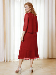 Robe en Mousseline Longueur de Mollet avec Veste Rouge