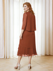 Robe en Mousseline Longueur de Mollet avec Veste Rouille Grande Taille