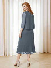 Robe en Mousseline Longueur de Mollet avec Veste Bleu de Schiste