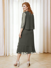 Robe en Mousseline Longueur de Mollet avec Veste Gris Acier