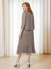 Robe en Mousseline Longueur de Mollet avec Veste Taupe Grande Taille