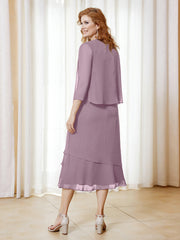Robe en Mousseline Longueur de Mollet avec Veste Vintage Mauve Grande Taille