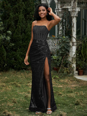 Robe Fourreau en Paillettes avec Déco Strass et Fente Noir Grande Taille