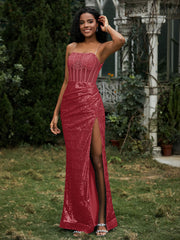 Robe Fourreau en Paillettes avec Déco Strass et Fente Bordeaux Grande Taille