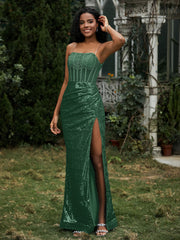 Robe Fourreau en Paillettes avec Déco Strass et Fente Vert Foncé Grande Taille