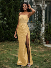 Robe Fourreau en Paillettes avec Déco Strass et Fente Or Grande Taille