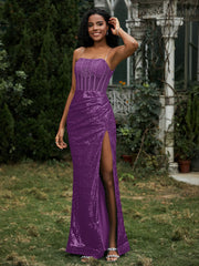 Robe Fourreau en Paillettes avec Déco Strass et Fente Raisin