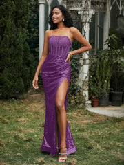 Robe Fourreau en Paillettes avec Déco Strass et Fente Raisin