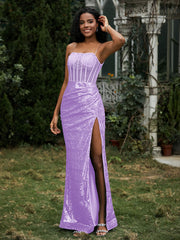 Robe Fourreau en Paillettes avec Déco Strass et Fente Lilas