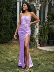 Robe Fourreau en Paillettes avec Déco Strass et Fente Lilas Grande Taille