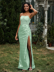Robe Fourreau en Paillettes avec Déco Strass et Fente Vert Menthe Grande Taille
