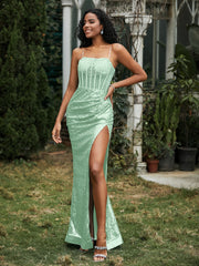 Robe Fourreau en Paillettes avec Déco Strass et Fente Vert Menthe