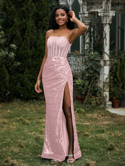 Robe Fourreau en Paillettes avec Déco Strass et Fente Or Rose