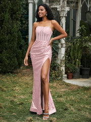 Robe Fourreau en Paillettes avec Déco Strass et Fente Or Rose Grande Taille