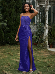 Robe Fourreau en Paillettes avec Déco Strass et Fente Bleu Royale