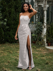 Robe Fourreau en Paillettes avec Déco Strass et Fente Argent Grande Taille