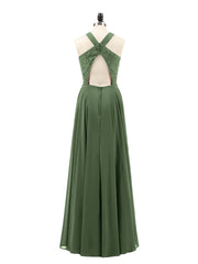 Dentelle et Mousseline Licou Robe avec Dos Nu Olive Verte Grande Taille