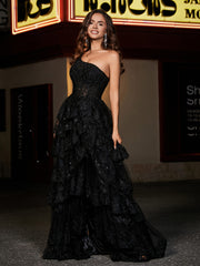 Robe de Soirée de A-ligne à Une Épaule en Tulle avec Traîne Balayage Noir Grande Taille