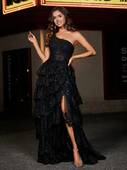Robe de Soirée de A-ligne à Une Épaule en Tulle avec Traîne Balayage Noir Grande Taille