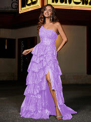 Robe de Soirée de A-ligne à Une Épaule en Tulle avec Traîne Balayage Lilas Grande Taille