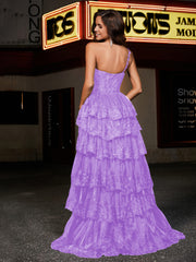 Robe de Soirée de A-ligne à Une Épaule en Tulle avec Traîne Balayage Lilas Grande Taille