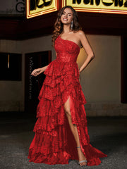 Robe de Soirée de A-ligne à Une Épaule en Tulle avec Traîne Balayage Rouge