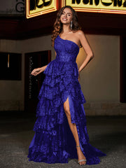 Robe de Soirée de A-ligne à Une Épaule en Tulle avec Traîne Balayage Bleu Royale
