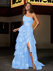 Robe de Soirée de A-ligne à Une Épaule en Tulle avec Traîne Balayage Bleu Ciel Grande Taille