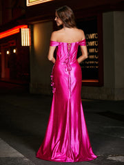 Robe de Soirée en Satin Sirène à Hors de l'Épaule avec Traîne Balayage Azalée