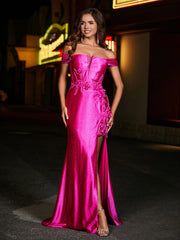 Robe de Soirée en Satin Sirène à Hors de l'Épaule avec Traîne Balayage Azalée