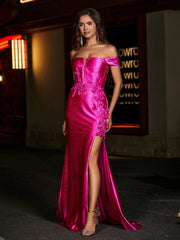 Robe de Soirée en Satin Sirène à Hors de l'Épaule avec Traîne Balayage Azalée