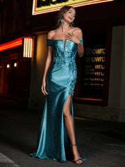 Robe de Soirée en Satin Sirène à Hors de l'Épaule avec Traîne Balayage Jade