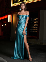 Robe de Soirée en Satin Sirène à Hors de l'Épaule avec Traîne Balayage Jade