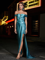 Robe de Soirée en Satin Sirène à Hors de l'Épaule avec Traîne Balayage Jade Grande Taille