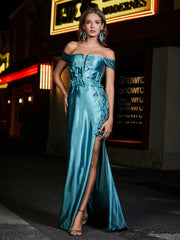 Robe de Soirée en Satin Sirène à Hors de l'Épaule avec Traîne Balayage Jade