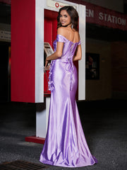 Robe de Soirée en Satin Sirène à Hors de l'Épaule avec Traîne Balayage Lilas Grande Taille