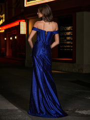 Robe de Soirée en Satin Sirène à Hors de l'Épaule avec Traîne Balayage Bleu Marine Clair